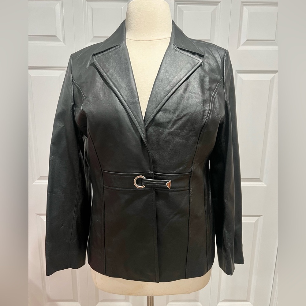 Pamela McCoy Chic Women's Black Leather Blazer Jacket Fall Winter Sz L